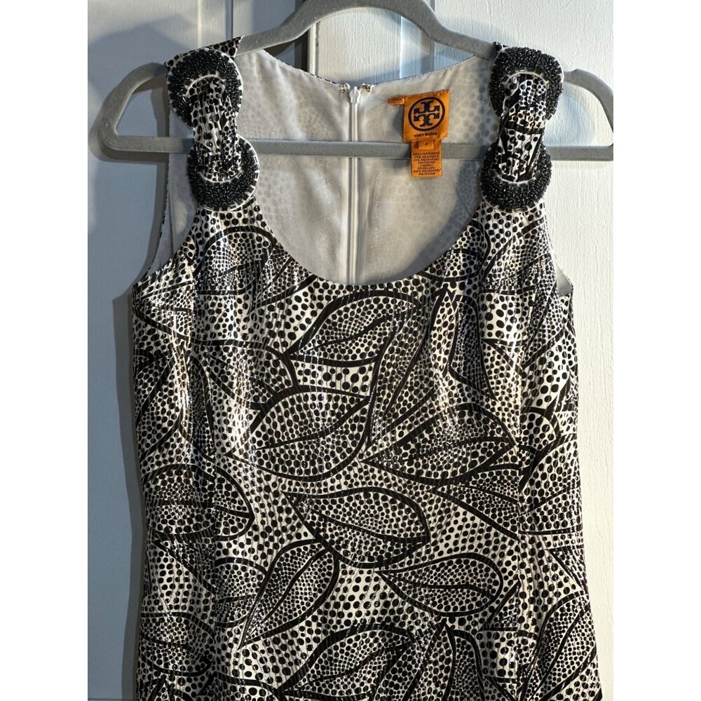 Tory Burch Womens Silk Blend Jacquard Sheath Dress Gold Black Elegant Shoulder 8 - Picture 2 of 9